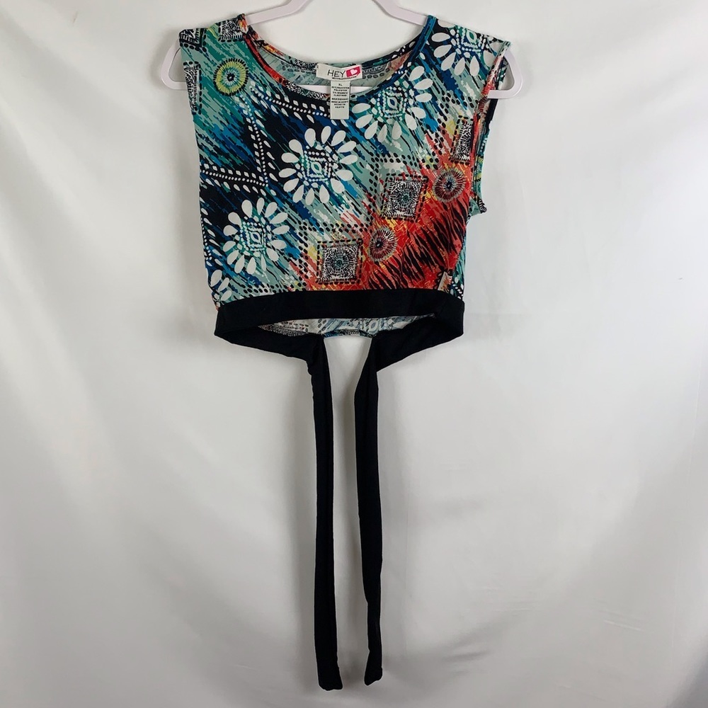 Hey Crop Top XL patterned black waist tie multicolor